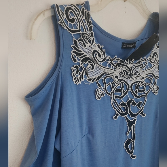 Sheilay Blue Cold Shoulder Top with Black and White Embroidery Sz XXL (NWT) - Picture 3 of 6